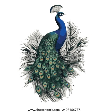 Illustration of a bird, peacock, illustration modern, simple, ferns, T-shirt design in the style of Studio Ghibli, pastel colors for a notebook, graphics, cute and unusual, fantasy art, watercolor 