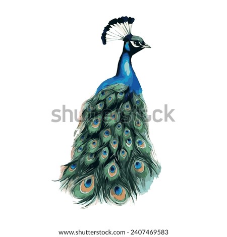 Illustration of a bird, peacock, illustration modern, simple, ferns, T-shirt design in the style of Studio Ghibli, pastel colors for a notebook, graphics, cute and unusual, fantasy art, watercolor