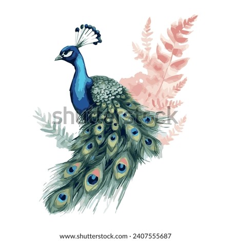 Illustration of a bird, peacock, illustration modern, simple, ferns, T-shirt design in the style of Studio Ghibli, pastel colors for a notebook, graphics, cute and unusual, fantasy art, watercolor 