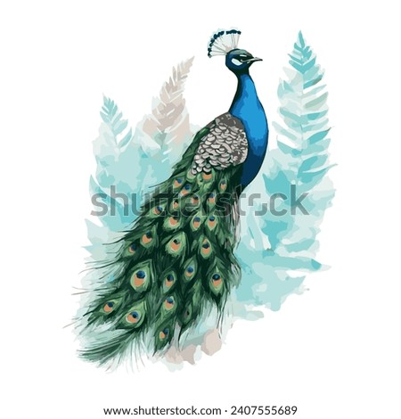 Illustration of a bird, peacock, illustration modern, simple, ferns, T-shirt design in the style of Studio Ghibli, pastel colors for a notebook, graphics, cute and unusual, fantasy art, watercolor 