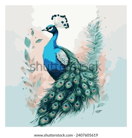 Illustration of a bird, peacock, illustration modern, simple, ferns, T-shirt design in the style of Studio Ghibli, pastel colors for a notebook, graphics, cute and unusual, fantasy art, watercolor