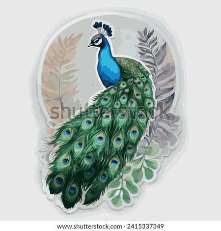 Illustration of a bird, peacock, illustration modern, simple, ferns, T-shirt design in the style of Studio Ghibli, pastel colors for a notebook, graphics, cute and unusual, fantasy art, watercolor