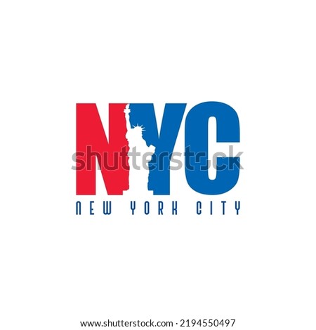 NY, New York Logo Type Icon with Statue of Liberty Vector Illustration and American Flag Background. New York City T-shirt apparel fashion design, typography, background, poster.