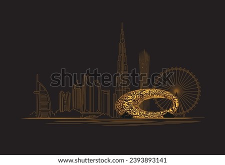 UAE Skyline view for the city vector illustration with future museum. UAE most popular buildings and landmark vetor illustration black background
