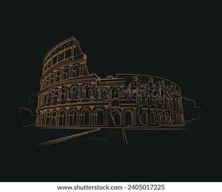 Roman Colosseum. Vector illustration golden line. Travel to Rome poster, greeting card or print with hand drawn calligraphy lettering.