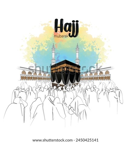 HAJJ. Kaaba Vector for Hajj Mabroor in Mecca Saudi Arabia. Hajj Mabrour And The Holy Mecca Greeting Islamic Illustration Background.  Muslim people are praying in Hajj