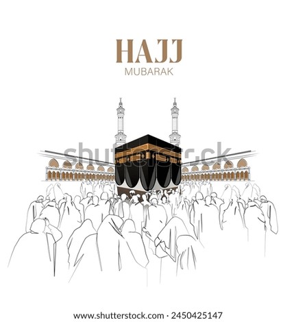 HAJJ. Kaaba Vector for Hajj Mabroor in Mecca Saudi Arabia. Hajj Mabrour And The Holy Mecca Greeting Islamic Illustration Background.  Muslim people are praying in Hajj