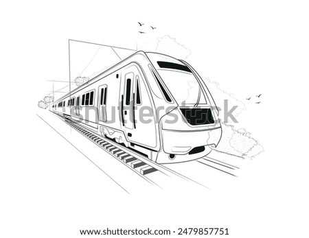 Metro train vector illustration sketch. Fast modern express passenger train on high speed railway station