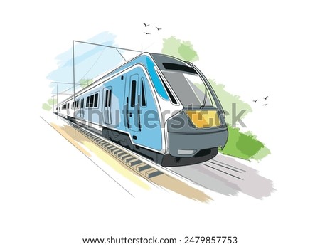 Metro train vector illustration sketch. Fast modern express passenger train on high speed railway station