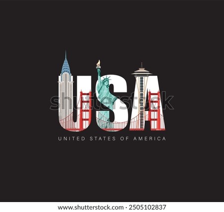 USA logo. USA text in famous landmark illustration for t shirt, banner, poster