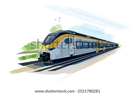 Metro train vector illustration sketch. Fast modern express passenger train on high speed railway station. Tesla giga train germany