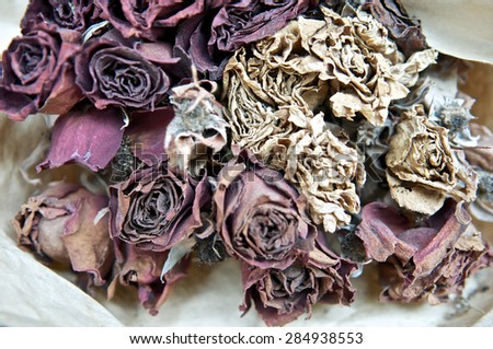 Close up of die roses on dried flower market for decoration. Bouquet. Past valentine day.