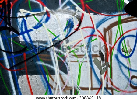 Abstract spray painting graffiti wall colorful background. Random stroke line with spray. Rustic and grunge texture urban. Agitate, disturb and annoy. Close up.