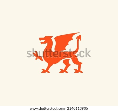 Medieval red dragon logo. Dragon with wings red silhouette. Vector illustration