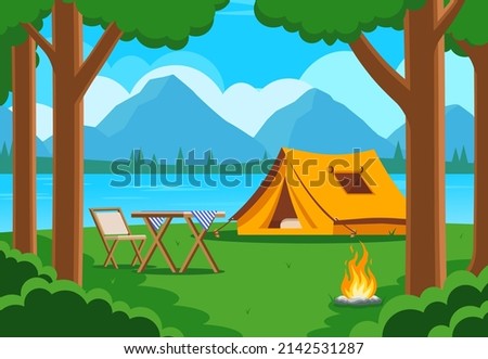 Forest camp poster with with tent, chair, table, and bonfire. Concept of travel, hiking and activity vacation. Vector banner with cartoon landscape with trees, campsite on green grass and mountains on