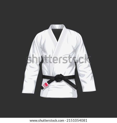 BJJ Gi with black belt vector illustration in flat style. Brazilian Jiu-Jitsu white kimono. Isolated. on black background.