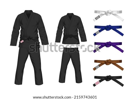 BJJ White Gi flat vector illustration. Kimono and pants with all belts vector illustration in flat style. Brazilian Jiu-Jitsu kit. Isolated. on black background.	
