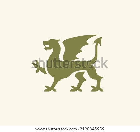 Medieval green dragon logo. Knight Dragon with wings green silhouette. Vector illustration	