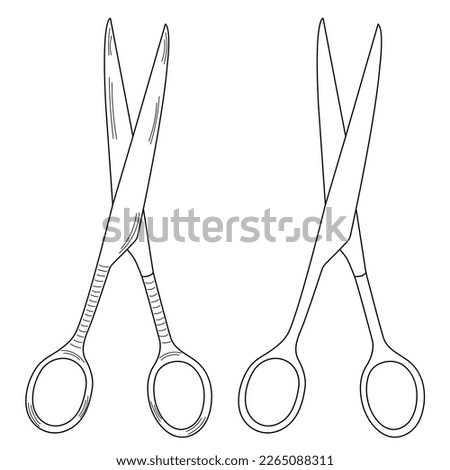 Outline silhouette sketch scissors, shears, pair of scissors. Medical instrument. Hospital, medical 