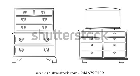 Line sketch set of a chest of drawers, dresser. Design piece of furniture for storage. Isolated vector