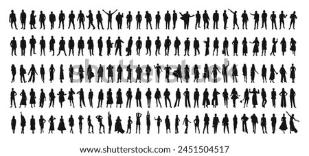 Group of people waiting in line, vector silhouette isolated on white background
