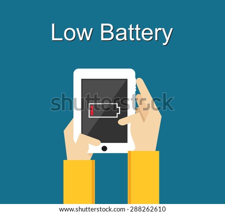 Low battery illustration. Flat design. Low battery notification on phone screen concept. 