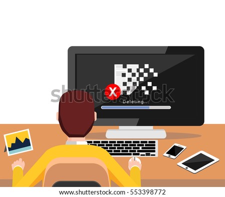 Deleting file process on desktop screen concept. Person working on computer. Modern flat design for Web Banner , Website Element , Brochures, or Book cover