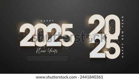 Happy new year 2025. Shiny number design on black background. Premium design for a festive New Year celebration.