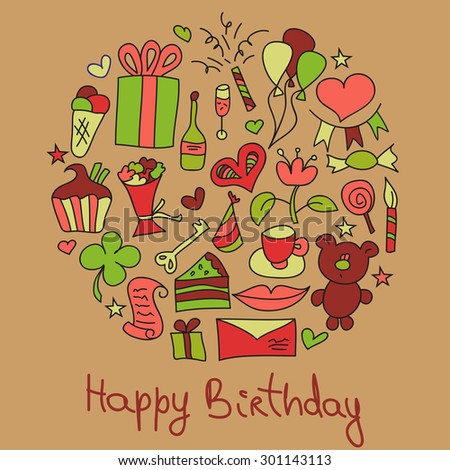 Happy birthday greeting card. Circle of different holiday objects. Invitation in vector.