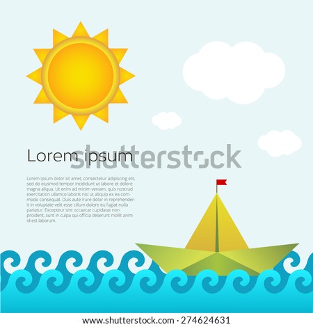 Sailing Boats In Wide Summer Ocean/ Illustration of  ocean landscape with yachts and sailing boats for spring or summer holiday vacations, including seagulls, rough sea and bright sunshine
