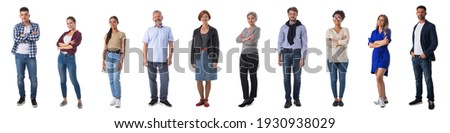 Photo of Collection of full length portrait of people in casual clothes isolated on white background