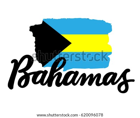 Bahamas hand drawn ink brush lettering with the national flag of the country. Calligraphy word 