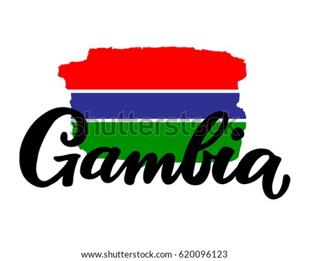 Gambia hand drawn ink brush lettering with the national flag of the country. Calligraphy word 