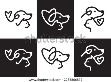 dog and cat logo design. pet care white linear style concept element symbol vector illustration.