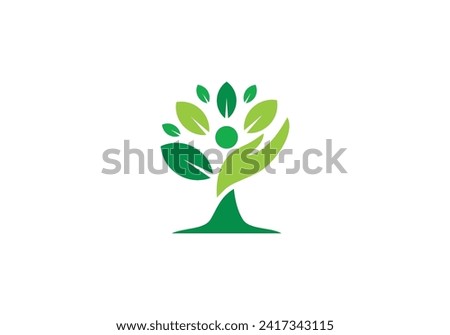hand tree logo design, care plant green leaves symbol icon template	