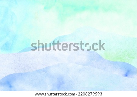 Watercolor background, mountains and sky hills, pale blue turquoise, cornflower blue, violet color transition, landscape