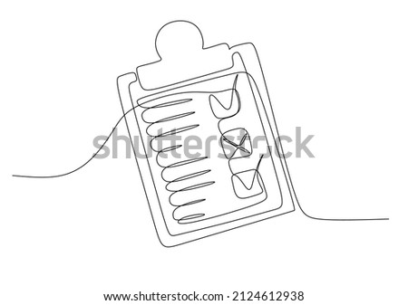 Clipboard with checklist. Continuous line one drawing. Vector illustration. Simple line illustration. 