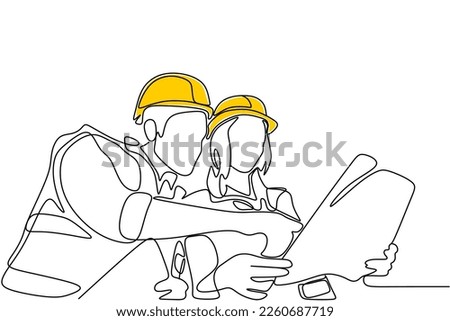 Single continuous line drawing of young construction manager giving instruction to builder coordinator at site meeting. Building architecture business concept. One line draw design vector