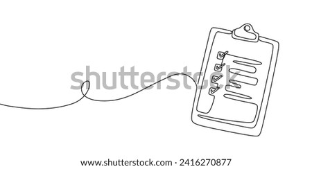 Clipboard with checklist. Continuous line one drawing. Vector illustration. Simple line illustration.