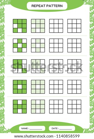 Repeat green pattern. Cube grid with squares. Special for preschool kids. Worksheet for practicing fine motor skills. Improving skills tasks. A4. Snap game. 3x3,