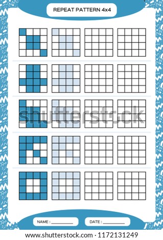 Repeat blue pattern. Cube grid with squares. Special for preschool kids. Worksheet for practicing fine motor skills. Improving skills tasks. A4. Snap game. 4x4