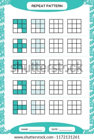 Repeat blue pattern. Cube grid with squares. Special for preschool kids. Worksheet for practicing fine motor skills. Improving skills tasks. A4. Snap game. 3x3.