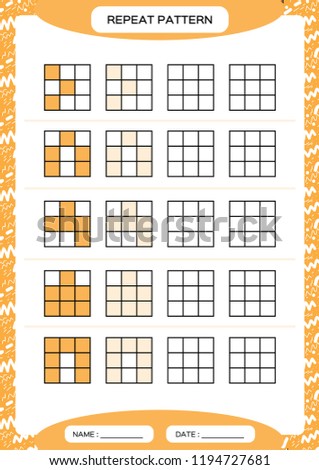 Repeat orange pattern. Cube grid with squares. Special for preschool kids. Worksheet for practicing fine motor skills. Improving skills tasks. A4. Snap game.3x3