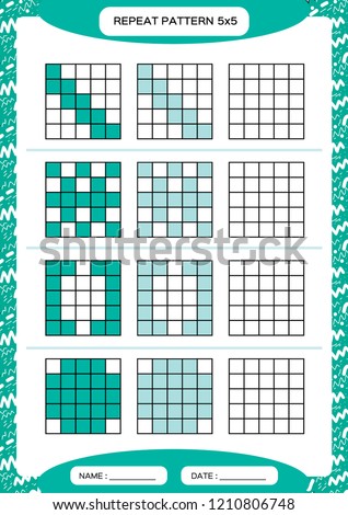 Repeat blue pattern. Cube grid with squares. Special for preschool kids. Worksheet for practicing fine motor skills. Improving skills tasks. A4. Snap game. 5x5. Vector