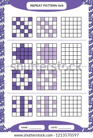 Repeat purple pattern. Cube grid with squares. Special for preschool kids. Worksheet for practicing fine motor skills. Improving skills tasks. A4. Snap game. 5x5. Vector