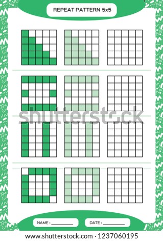 Repeat green pattern. Cube grid with squares. Special for preschool kids. Worksheet for practicing fine motor skills. Improving skills tasks. A4. Snap game. 5x5.