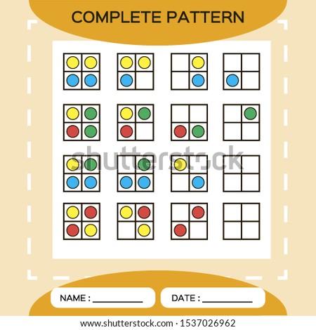 Repeat pattern. Square grid 2x2 with colorfull circles. Special for preschool kids. Color Worksheet for practicing fine motor skills. Improving skills tasks. Snap game. Square frame. Orange. Vector