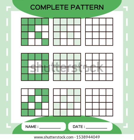 Repeat green pattern. Cube grid with squares. Special for preschool kids. Worksheet for practicing fine motor skills. Improving skills task. Snap game. 4x4. Vector