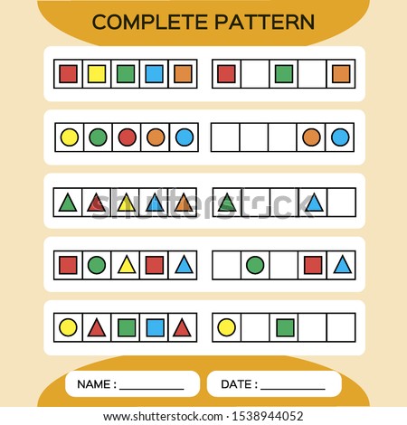 Repeat pattern. Square grid with colorfull shapes. Special for preschool kids. Color Worksheet for practicing fine motor skills. Improving skills tasks. Snap game. Square frame. Orange. Vector