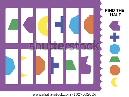 Find the half for shapes. Simple educational game for kids. Education game for preschool.Kids activity flashcard. Geometric shapes set to find the second half. Game to compare and connect. Purple.